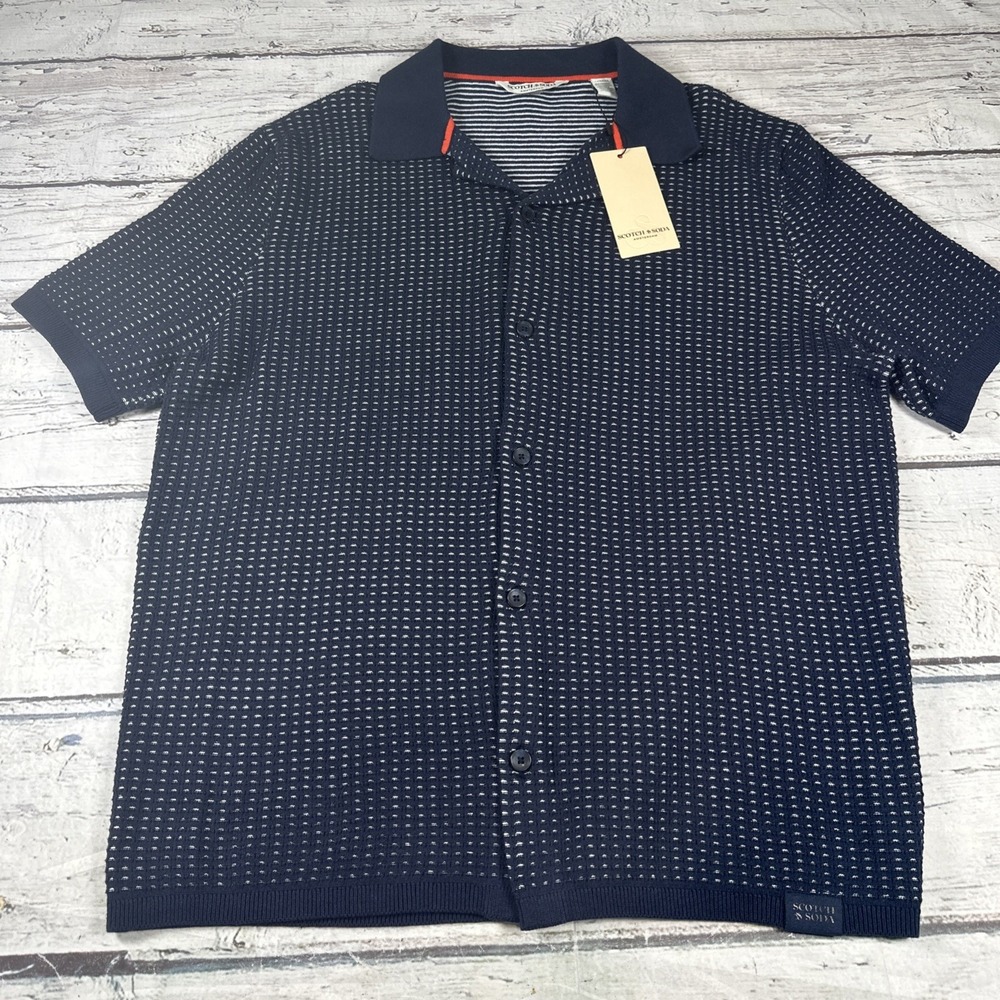 Scotch & Soda Men's Medium Navy Knit Button-Up Short Sleeve Sweater Shirt NWT